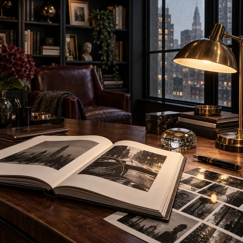 An open photography book and contact sheets on a walnut desk beside a brass lamp, overlooking a rainy city.