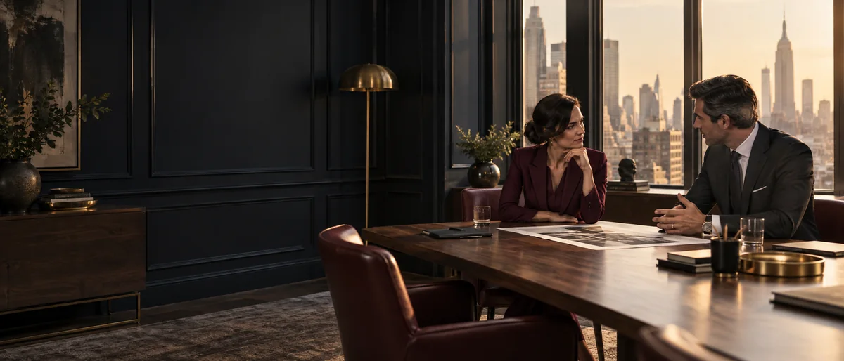 Two business professionals discussing an advertising layout at a walnut table in a navy-paneled Manhattan office.