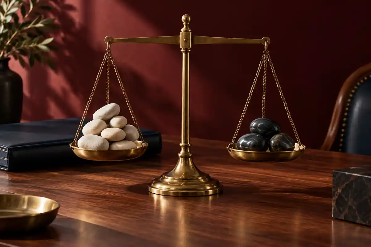 A brass balance scale holds pale stones in one pan and three dark stones in the other.