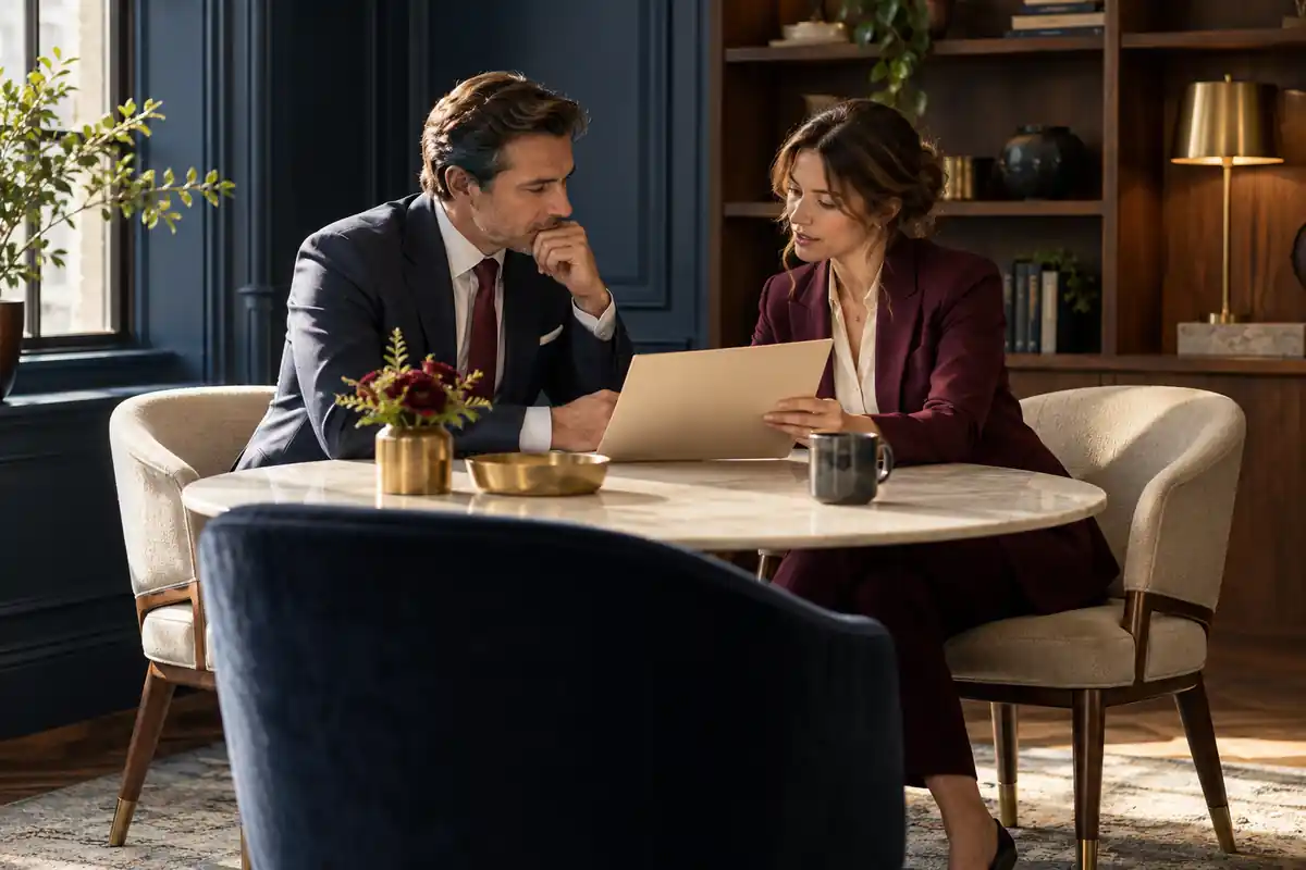 Two people discuss a cream folder at a round table in a navy and walnut office.