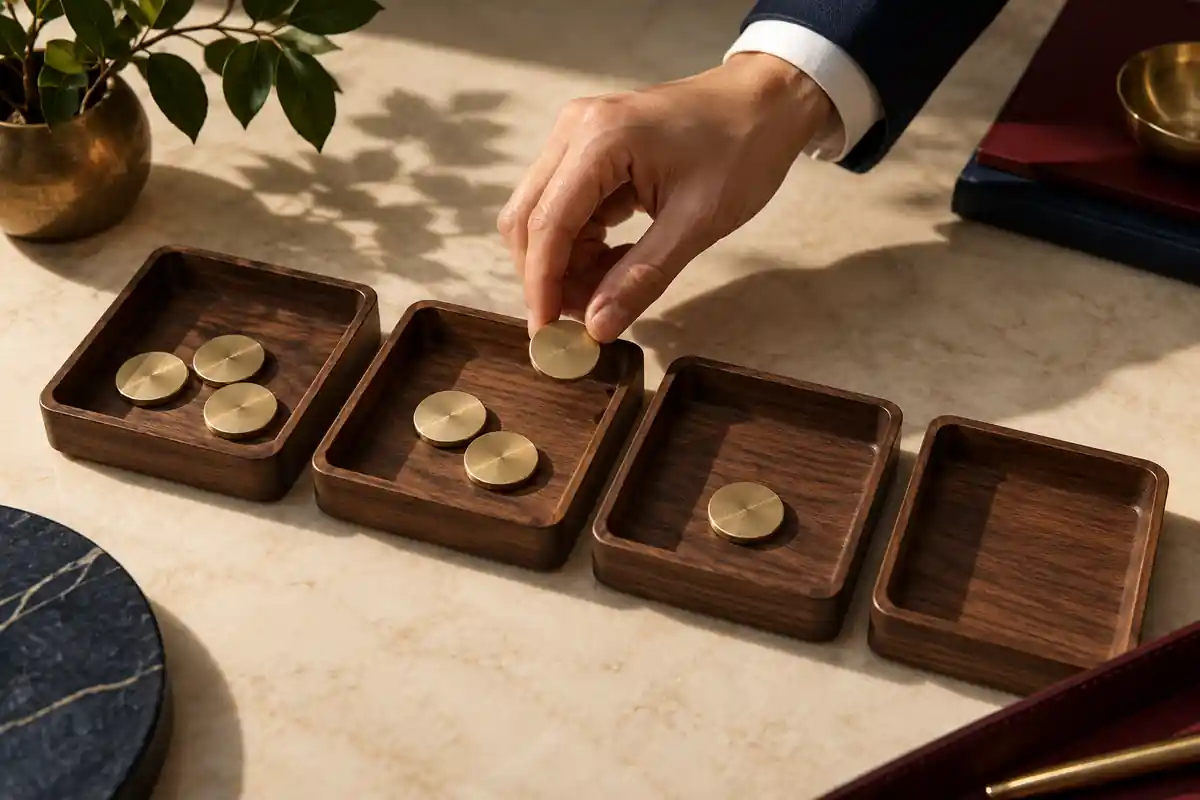 A hand moves a brass token between walnut trays containing progressively fewer tokens.