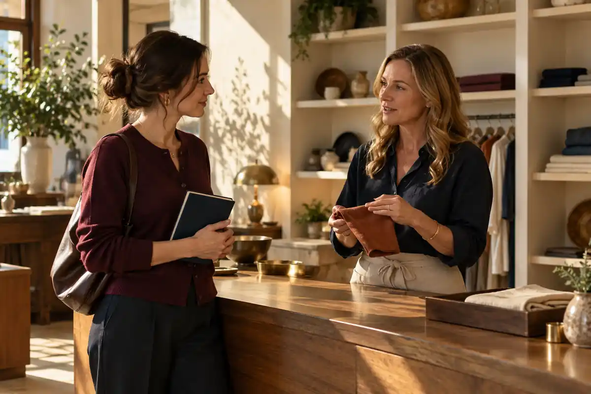 Two women discuss a fabric sample across a wooden boutique counter.