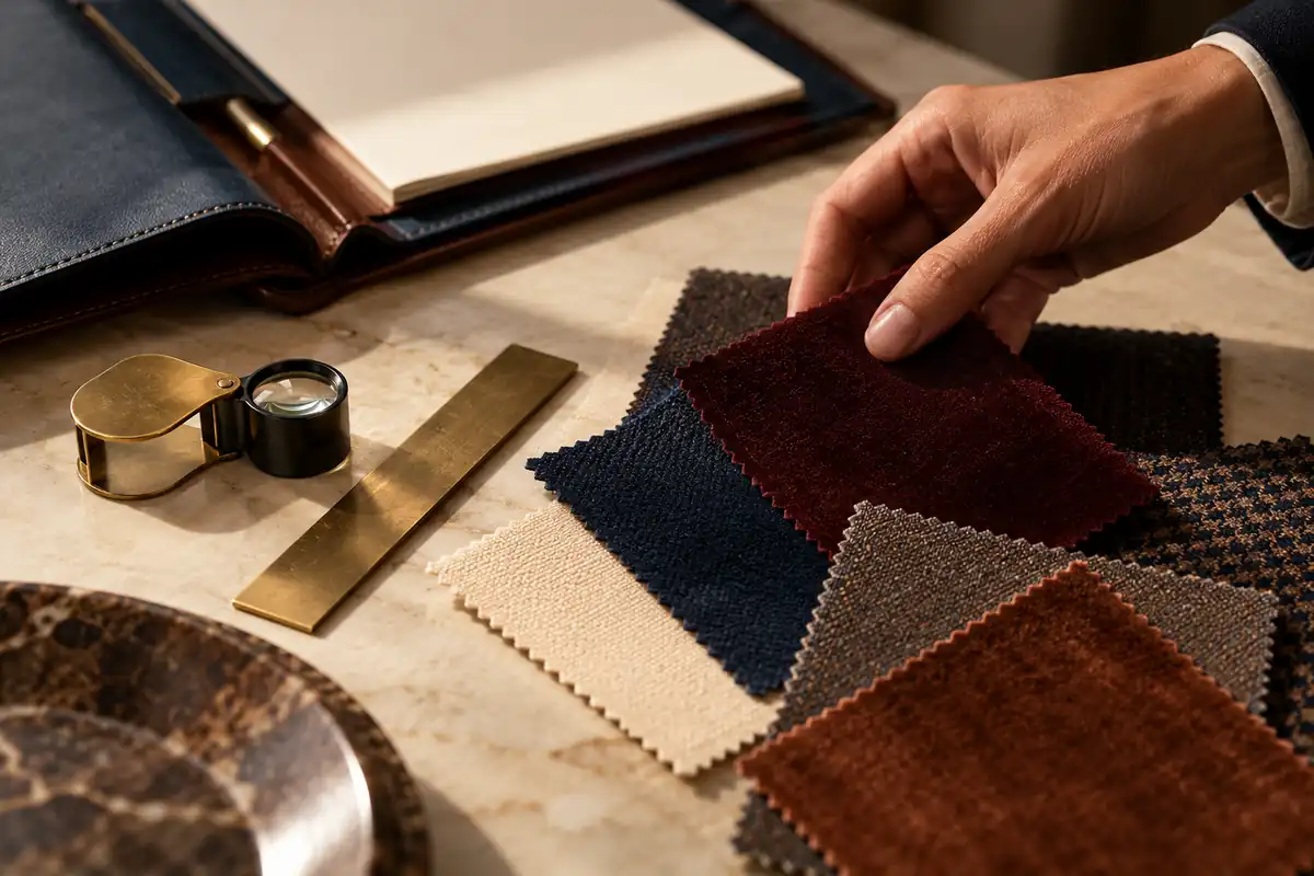 A hand selects a burgundy fabric swatch beside a loupe and brass ruler.