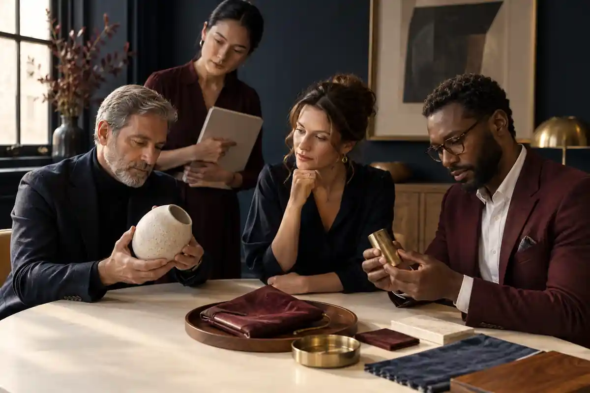People examine a ceramic vessel, metal fitting and leather pouch around a table.