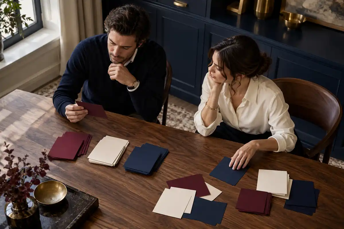 Two people sort burgundy, cream and navy cards into groups on a walnut table.