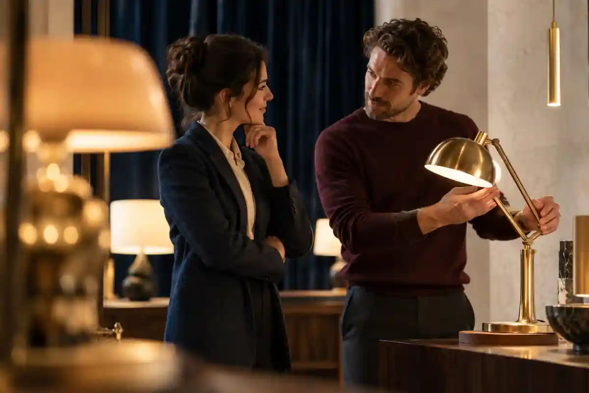 A man demonstrates a brass desk lamp while a woman listens in a lighting showroom.