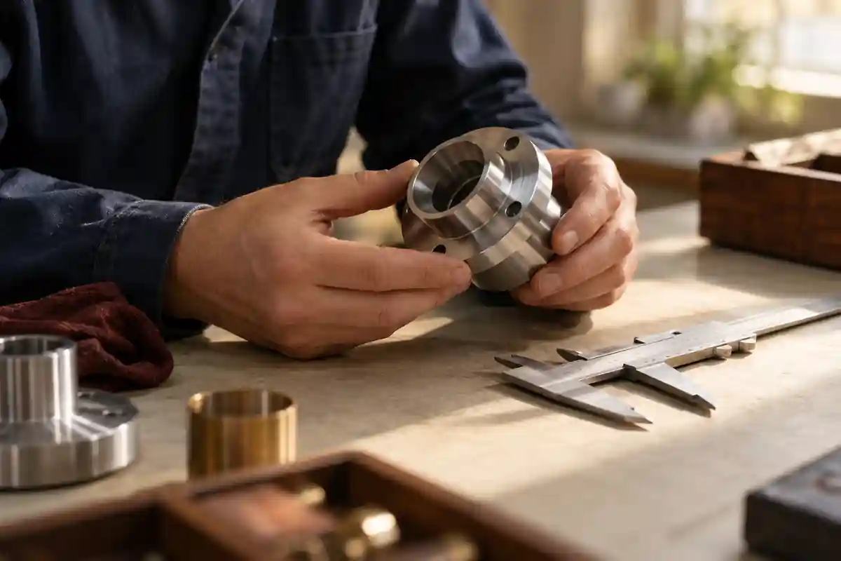 Hands inspect a machined metal fitting beside calipers on a workshop table.