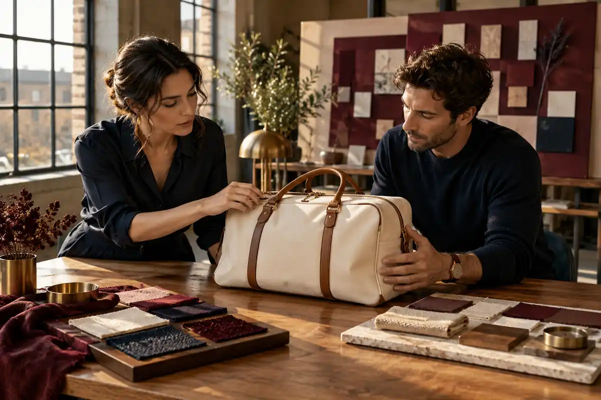 Two people examine a cream travel bag beside fabric samples on a walnut worktable.