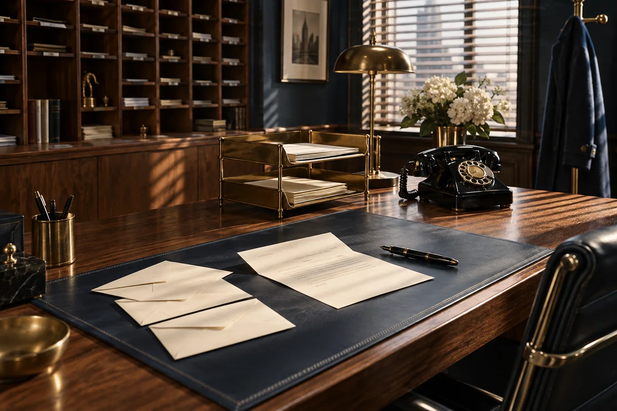 An original Madison Avenue correspondence desk with cream envelopes, a brass letter tray, and a rotary telephone. The Mangione Group.