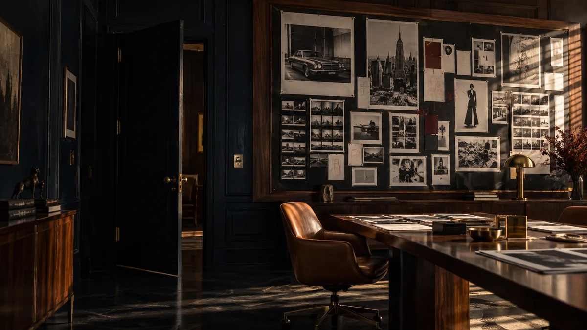 A cinematic Madison Avenue strategy office, introducing an integrated marketing approach. The Mangione Group.