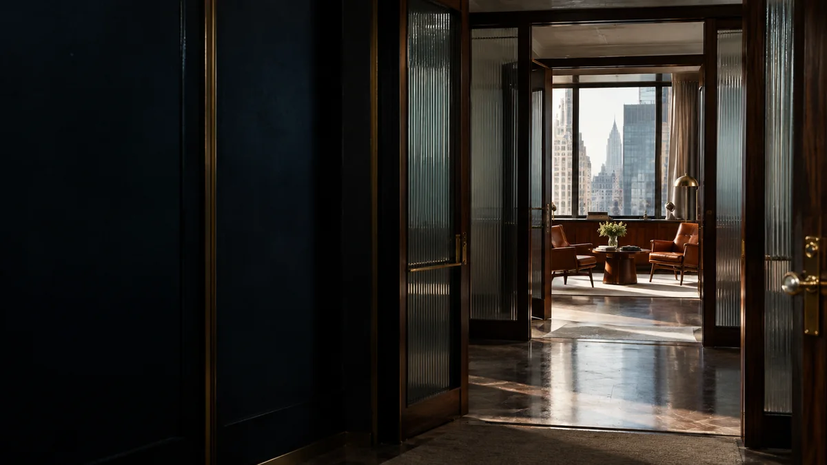 A mid-century agency interior overlooking the Manhattan skyline, introducing outreach funnels. The Mangione Group.