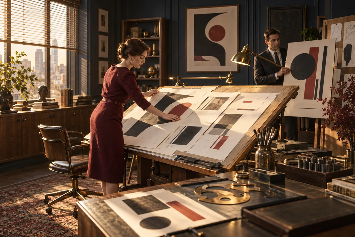 Two designers arrange abstract advertising layouts on a drafting board in a sunlit, navy-paneled studio. The Mangione Group.