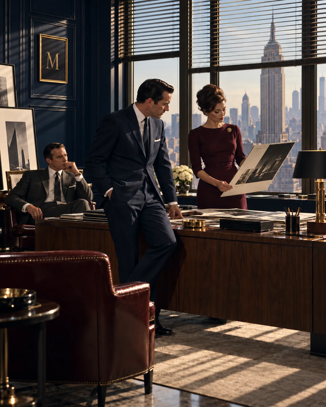 An illustrative Madison Avenue agency team in a navy-paneled office, with a framed M and Manhattan skyline. The Mangione Group.