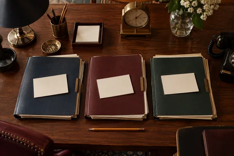 Three folders in navy, burgundy, and green lie beneath blank cards on a walnut desk.