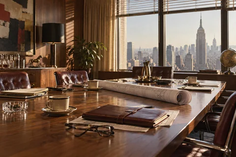 A rolled plan rests on a conference table among cups and notebooks, with a city skyline beyond.