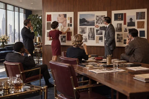 Six colleagues review three large mood boards in a walnut-paneled conference room.