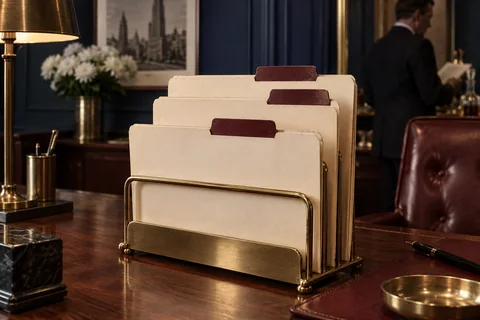 Three cream folders with burgundy tabs stand in a brass desk organizer.