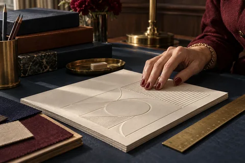 Fingertips trace raised geometric shapes and lines on thick ivory paper.