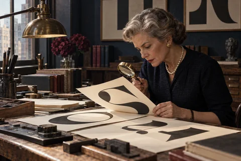 An older woman examines large black letterform samples with a brass magnifier.