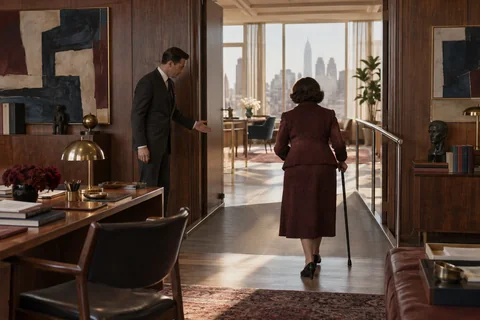 A man holds a wide office doorway open as a woman using a cane approaches a ramp.