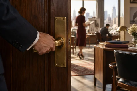 A hand turns a brass lever handle on an open walnut office door.