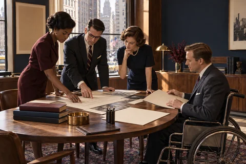 Four colleagues, including a man using a wheelchair, review paper layouts around a walnut table.