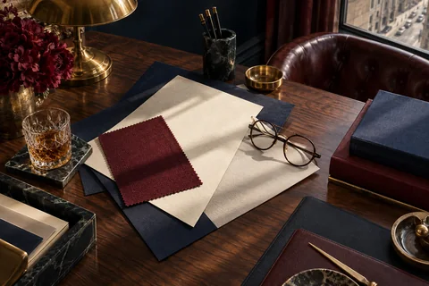 Cream and navy paper samples, a burgundy fabric swatch and reading glasses lie on a walnut desk.