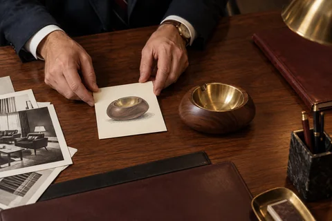 Hands compare a drawing of a wooden brass-lined bowl with the matching object on a desk.