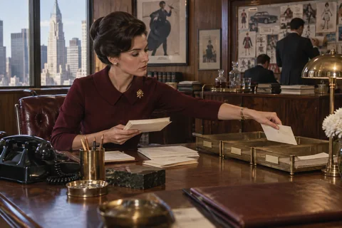 A woman sorts cream envelopes into three brass mail trays.
