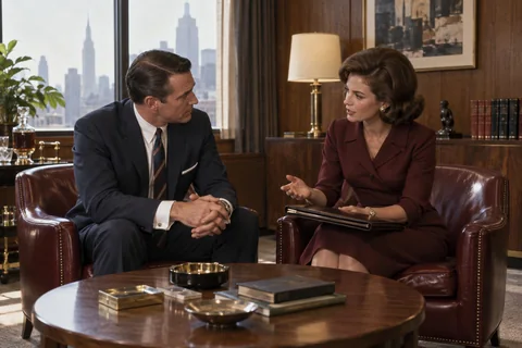 A man listens as a woman with a portfolio gestures from a neighboring burgundy armchair.