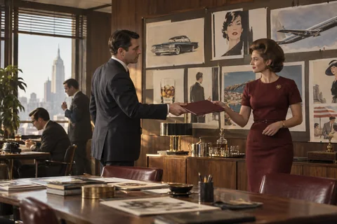 A man and woman exchange a burgundy portfolio beside a wall of advertising artwork.