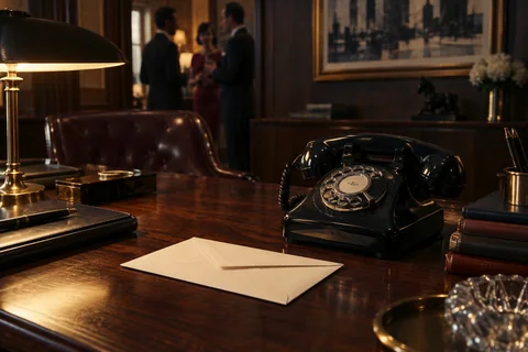 A cream envelope lies beside a black rotary telephone on a warmly lit walnut desk.