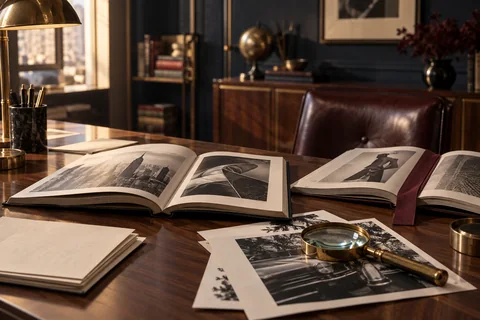 An open reference book, source sheets and a brass magnifier rest on a walnut desk.