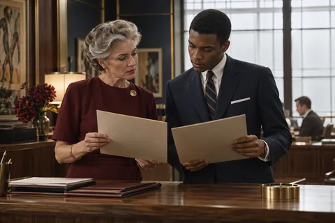 Two colleagues compare paper folders at a walnut review counter.