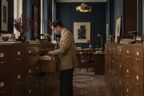 A researcher opens a file drawer in an archive lined with walnut cabinets.