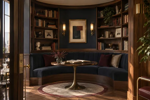 Curved bookshelves surround a navy bench and a small reference table.