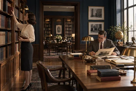 A researcher selects a book while a colleague examines a folio in a walnut-paneled reference library.