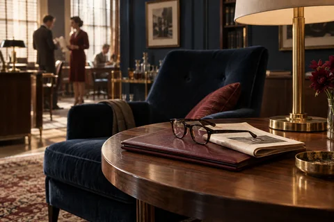 Reading glasses and a folded sheet sit on a burgundy folio beside a navy reading chair.