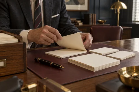 Hands sort cream cards beside a card-index box and fountain pen.