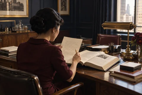A copy editor compares a paper draft with an open reference book.