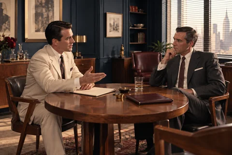 Two agency colleagues discuss a writing pad at a circular table.