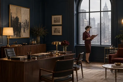 A woman reads a folio beside a tall window in a navy-paneled office.