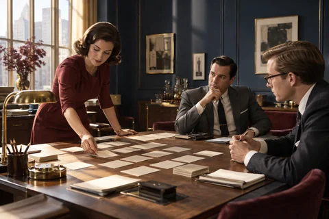 A strategist arranges cards on a drafting table while colleagues review them.