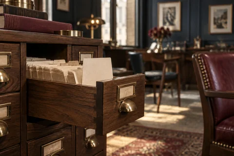 A walnut card catalogue holds cream cards and blank dividers.