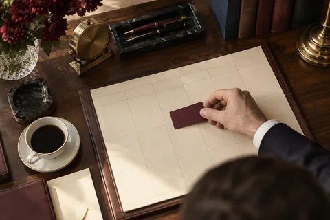 A hand places a burgundy card on a blank weekly paper grid.