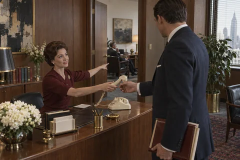 A receptionist passes a telephone handset to a colleague while pointing toward a private office.