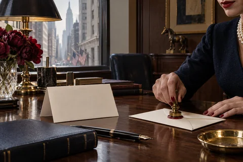 A woman presses a brass wax seal onto a cream envelope beside a folded note.