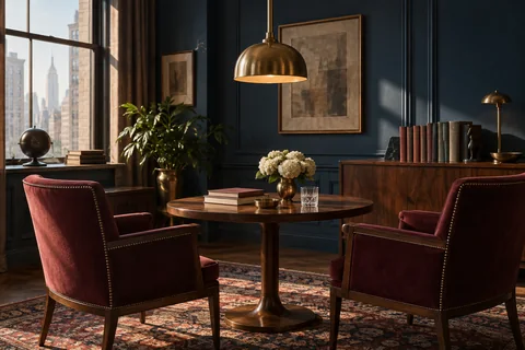 Two burgundy chairs face a round walnut table beneath a brass pendant lamp.