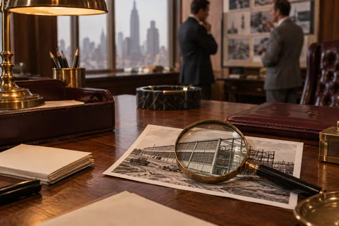 A brass magnifying glass rests over a photograph of a factory under construction.