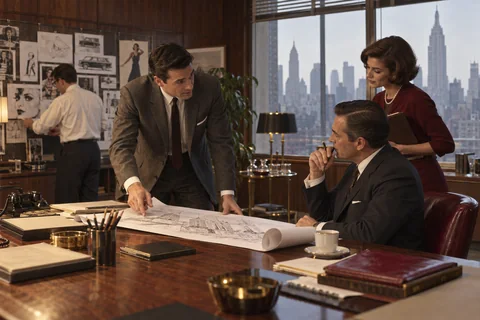 Three colleagues examine a large unrolled architectural plan across a desk.